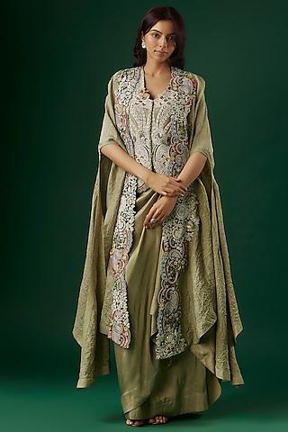 olive green dupion silk thread embroidered butterfly cape set