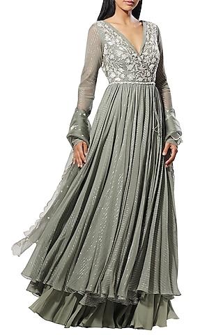 olive green embellished anarkali set