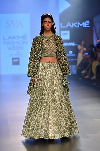 olive green embellished crop top with olive green geometric printe embroidered lehenga