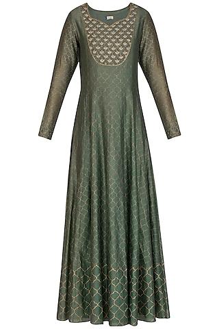 olive green embroidered & moroccan block printed anarkali with dupatta
