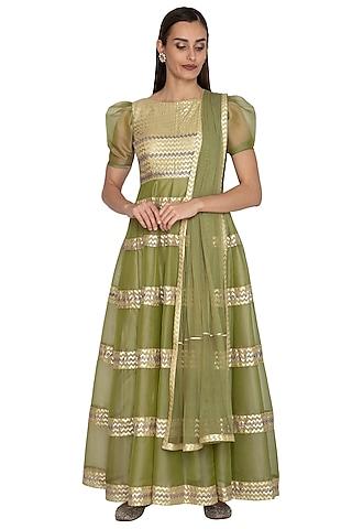 olive green embroidered anarkali gown with dupatta