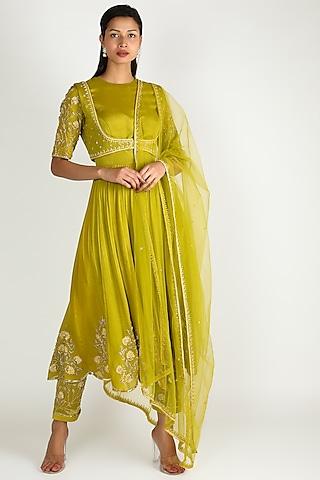 olive green embroidered anarkali set