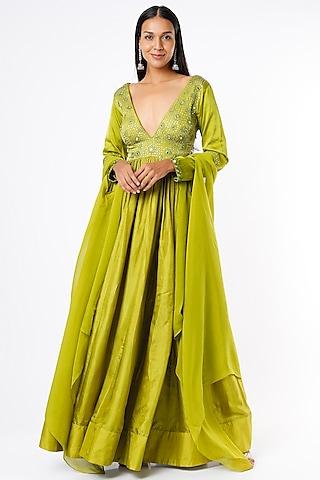 olive green embroidered anarkali set