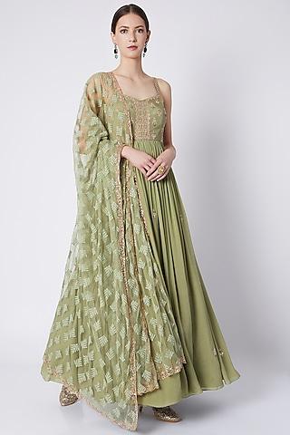 olive green embroidered anarkali set