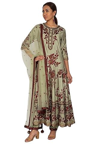 olive green embroidered anarkali set