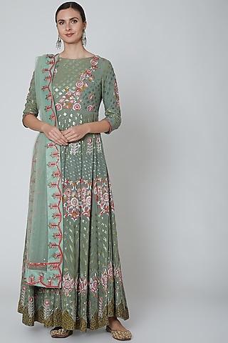 olive green embroidered anarkali with dupatta