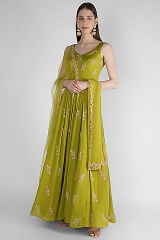 olive green embroidered anarkali with net dupatta