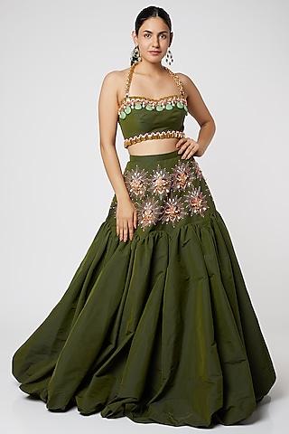 olive green embroidered balloon lehenga set