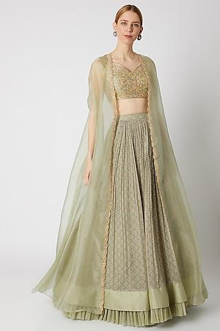 olive green embroidered blouse with cape & printed lehenga