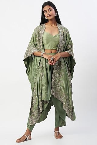 olive green embroidered cape set