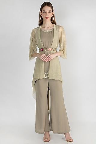 olive green embroidered cape with tunic, pants & belt