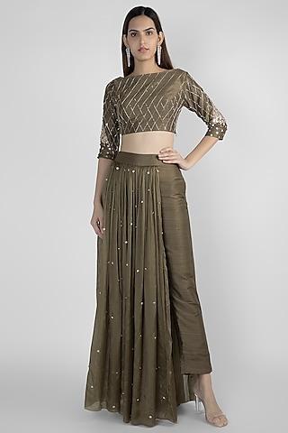 olive green embroidered crop top with pant skirt