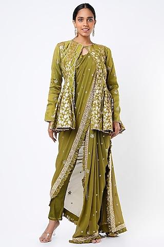 olive green embroidered draped pant saree set