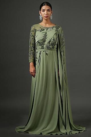 olive green embroidered gown with belt
