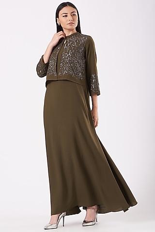 olive green embroidered gown