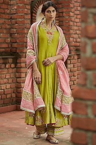 olive green embroidered jacket anarkali set