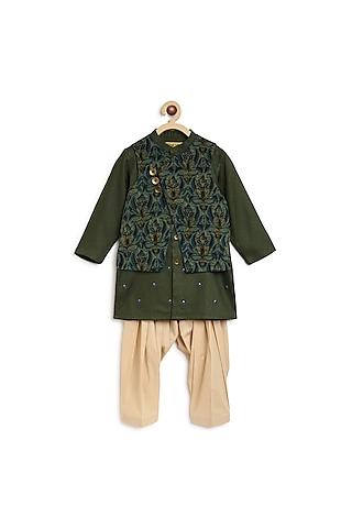 olive green embroidered kurta set with reversible jacket for boys