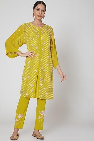 olive green embroidered kurta set