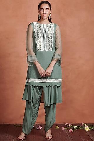 olive green embroidered kurta with pants