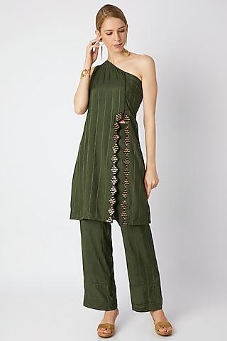 olive green embroidered kurta with pants