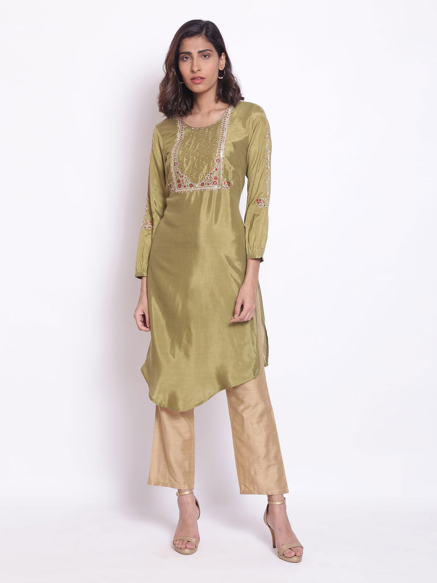 olive green embroidered kurta