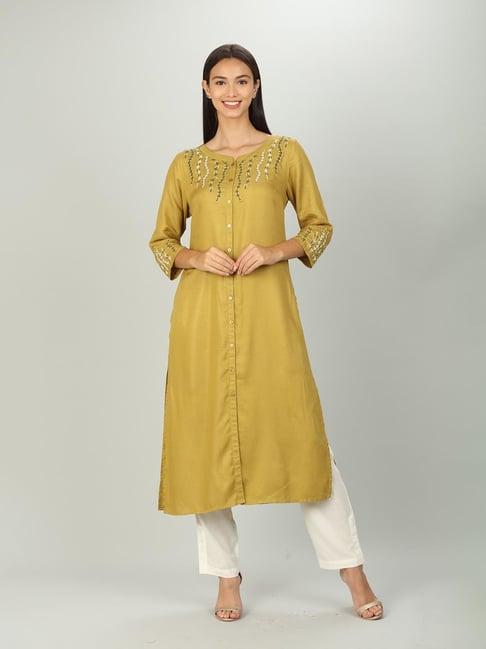 olive green embroidered kurti