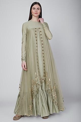 olive green embroidered layered gown with attached dupatta
