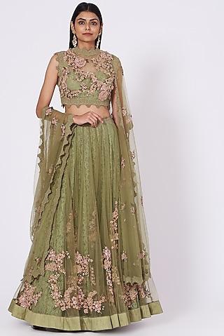 olive green embroidered lehenga set