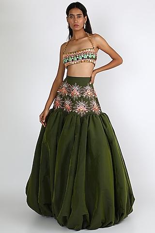 olive green embroidered lehenga set