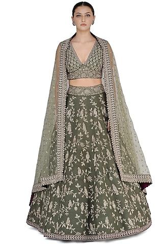 olive green embroidered lehenga set