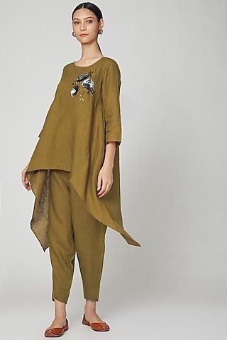olive green embroidered linen tunic