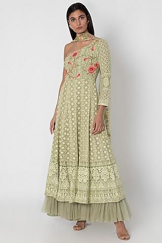 olive green embroidered lucknowi anarkali gown with dupatta