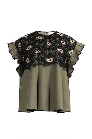 olive green embroidered ruffled top