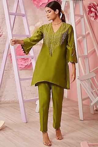 olive green embroidered tunic set