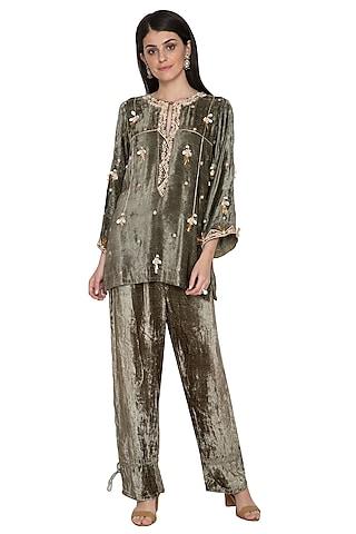 olive green embroidered tunic with pants