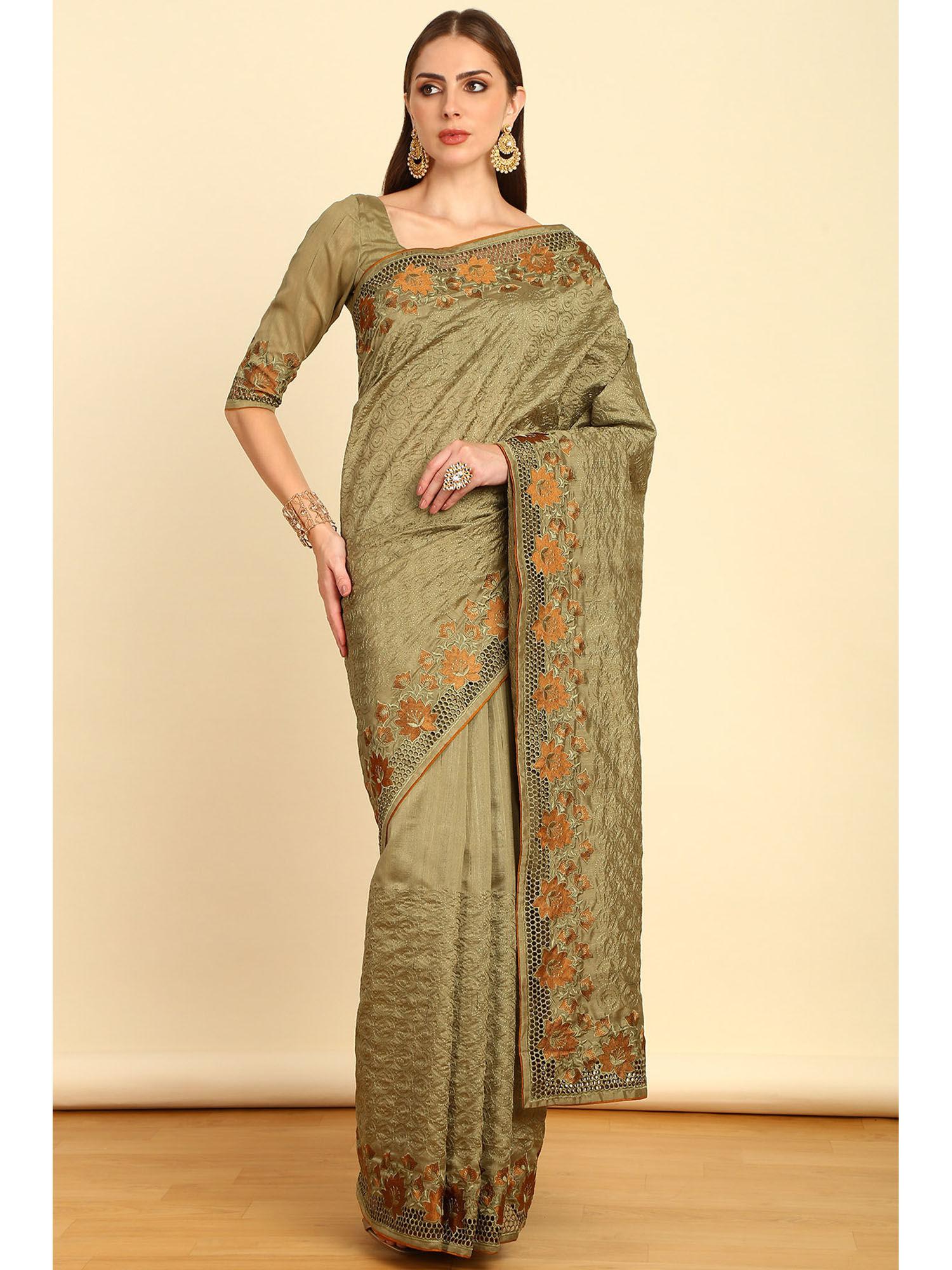 olive green embroidered tussar saree with cut work with unstitched blouse