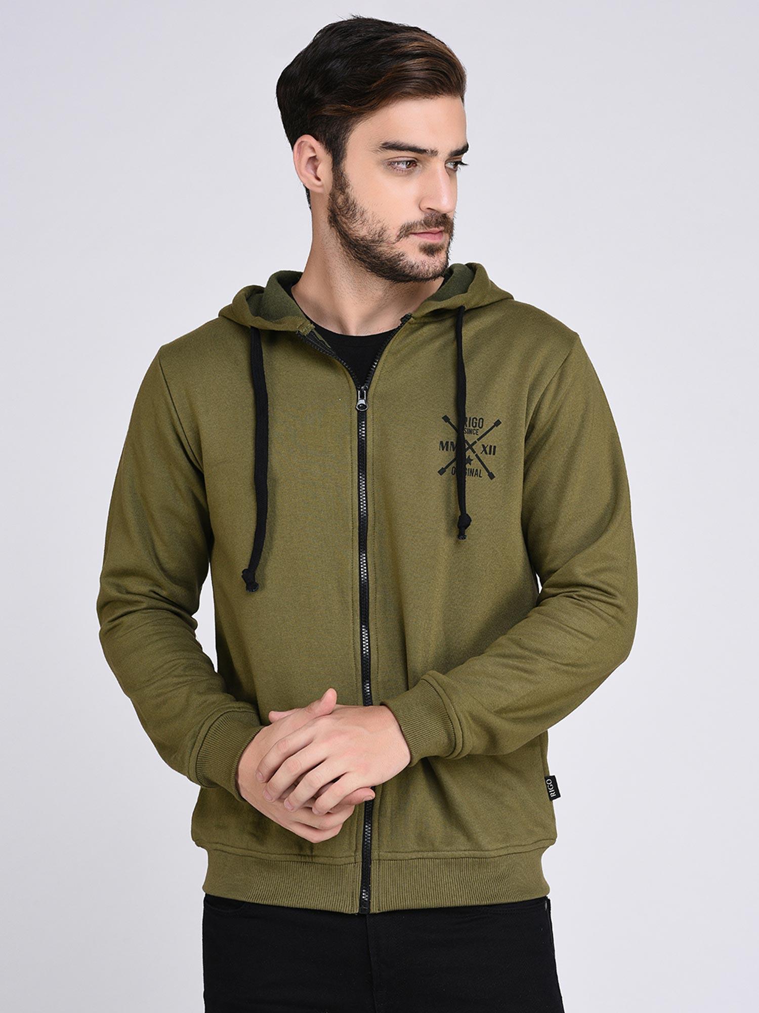 olive green fleece hooded with front zip open sweatshirt-full