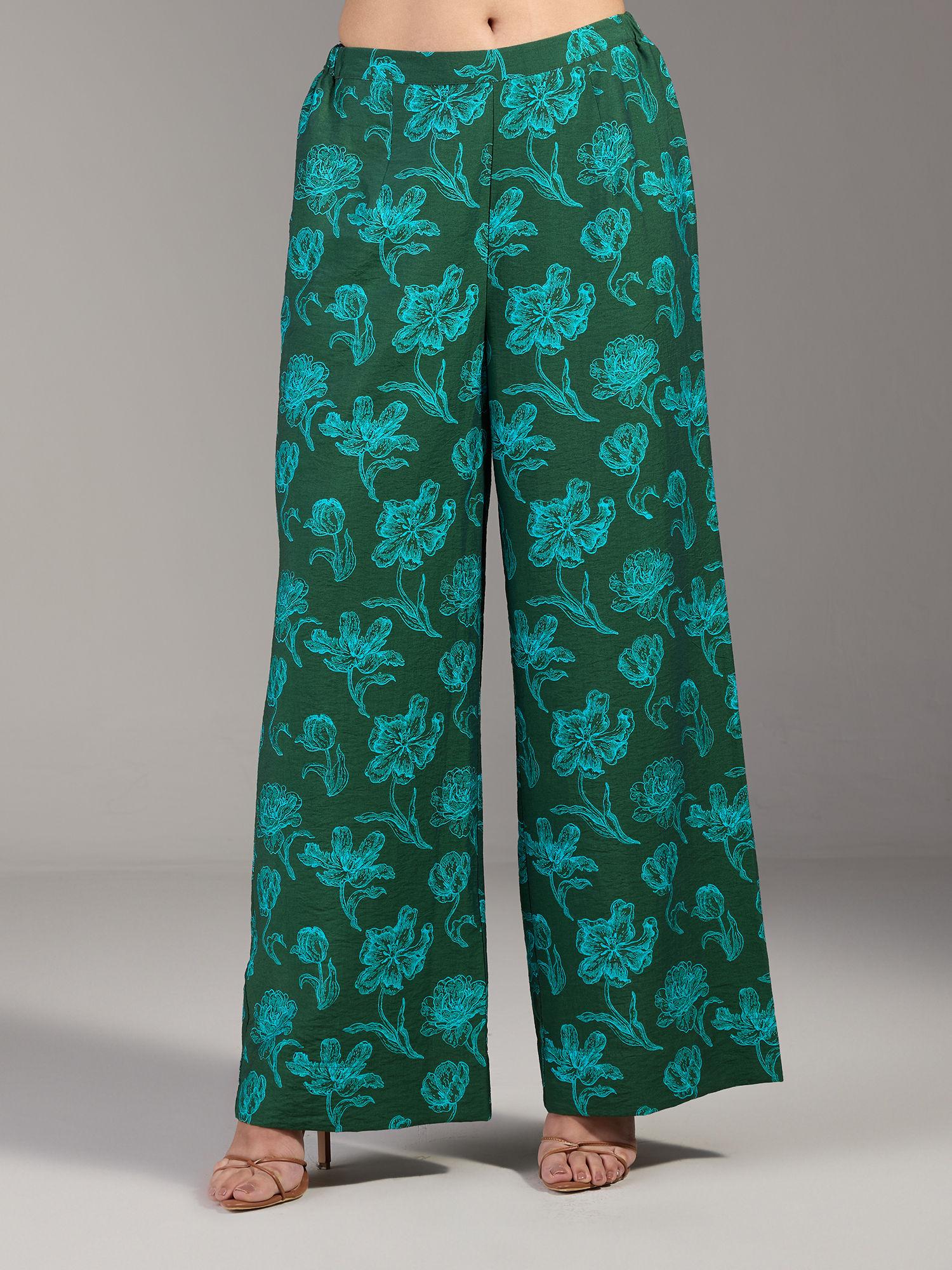 olive green floral high waist straight pants