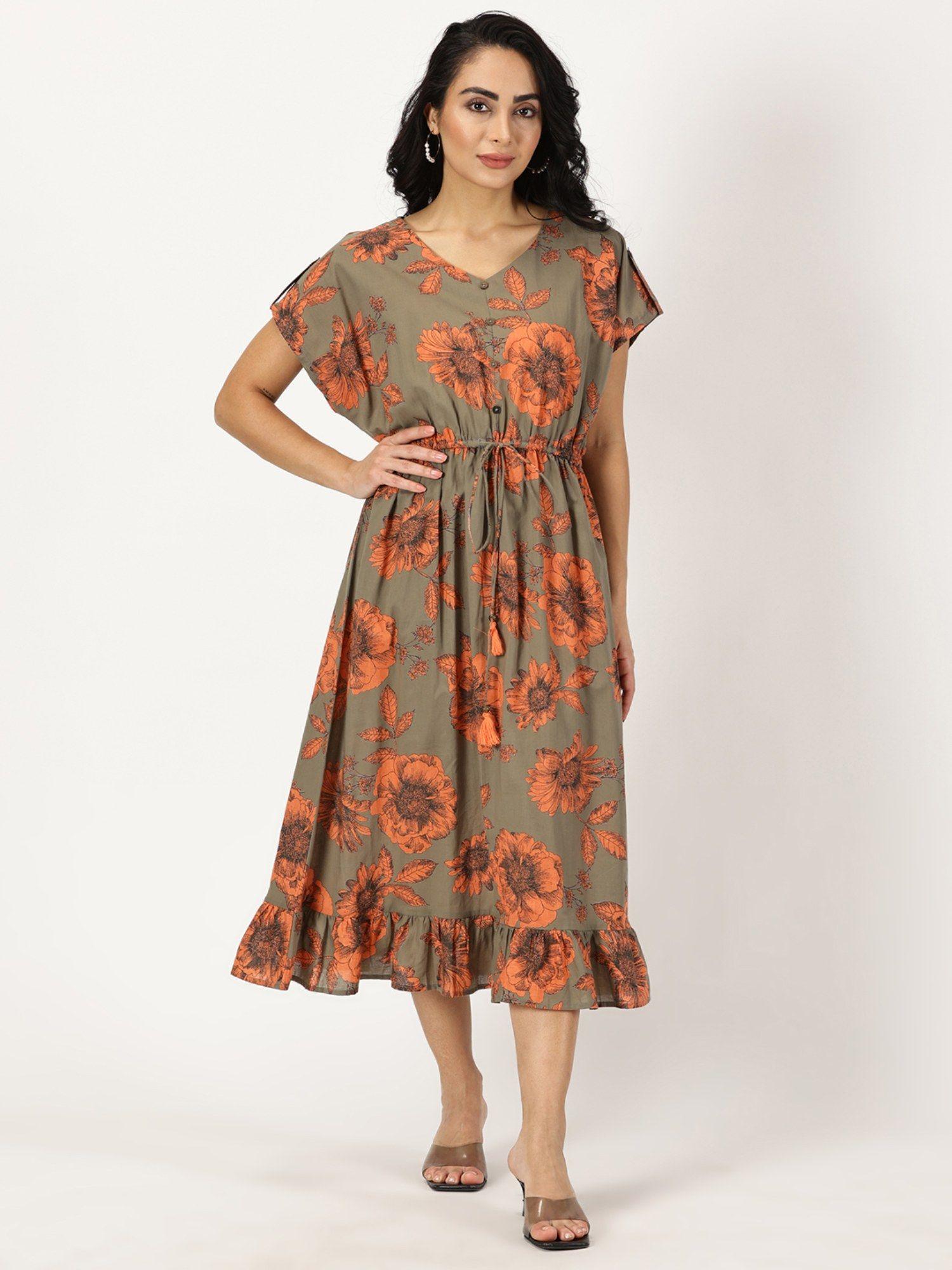 olive green floral print kaftan dress with waist-tie up