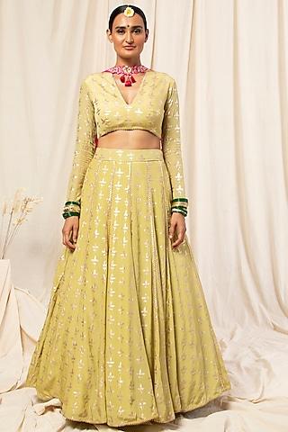 olive green gold foil printed lehenga set