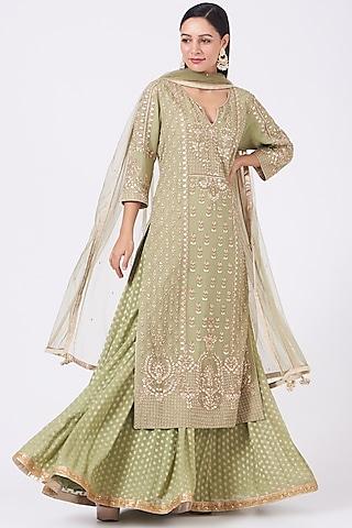 olive green gota jaal embroidered kurta set