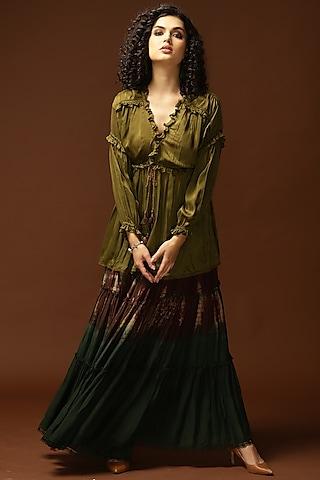 olive green habutai silk flared top