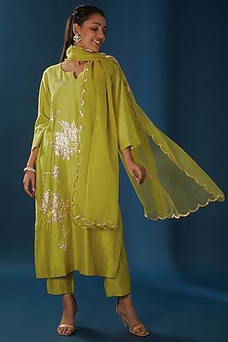 olive green hand embroidered kurta set