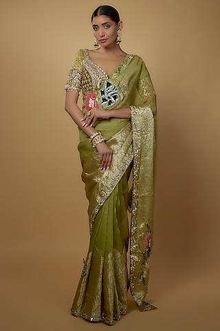 olive green handloom organza embellished saree set