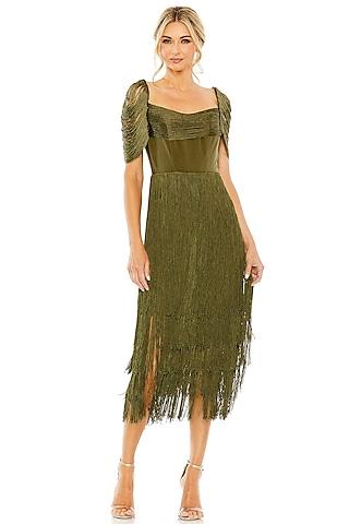 olive green jersey fringed midi dress