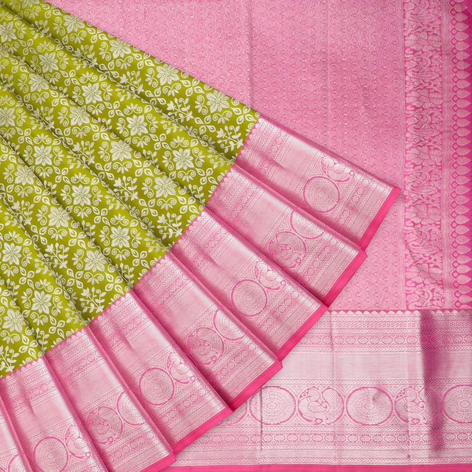 olive green kanjivaram silk saree with floral motif pattern