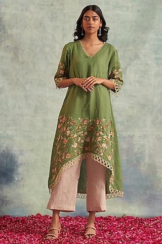 olive green linen embroidered asymmetric kurta set