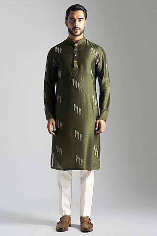 olive green linen satin cutdana & floral embroidered kurta set