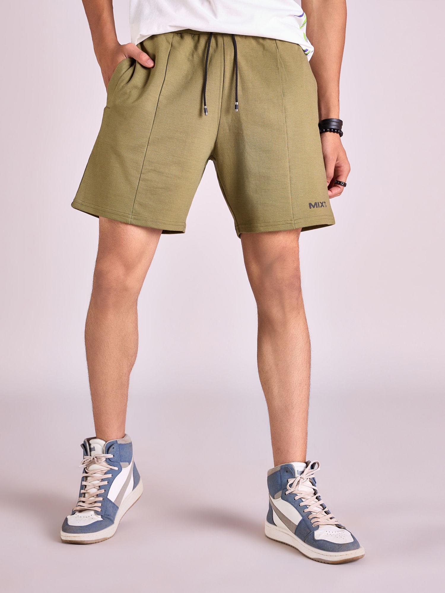olive green low waist logo printed shorts