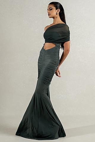 olive green malai lycra & stretch tulle draped gown